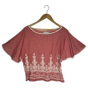 Lotus Designs Top Womens L Gauze Embroidered Wide Flutter Short Sleeve Beach Red
